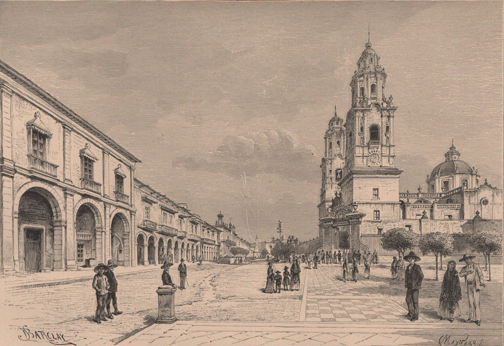 Associate Product Street view in Morelia. Michoacán, Mexico 1885 old antique print picture