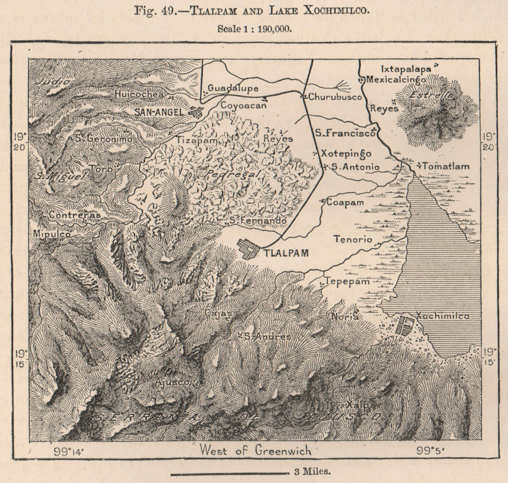 Tlalpan, Lake Xochimilco & San Angel, Mexico City 1885 old antique map chart