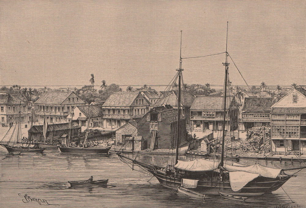 Belize City - View from the Harbour. British Honduras 1885 old antique print