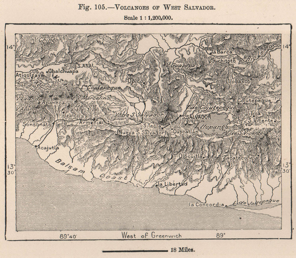Volcanoes of West Salvador. El Salvador. Central America 1885 old antique map