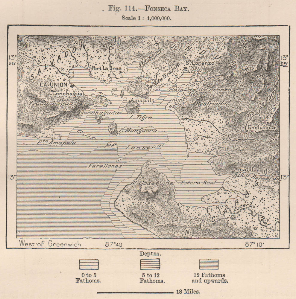 Gulf of/Golfo de Fonseca Bay.Vida Silvestre Bahia de Chismuyo.Honduras 1885 map