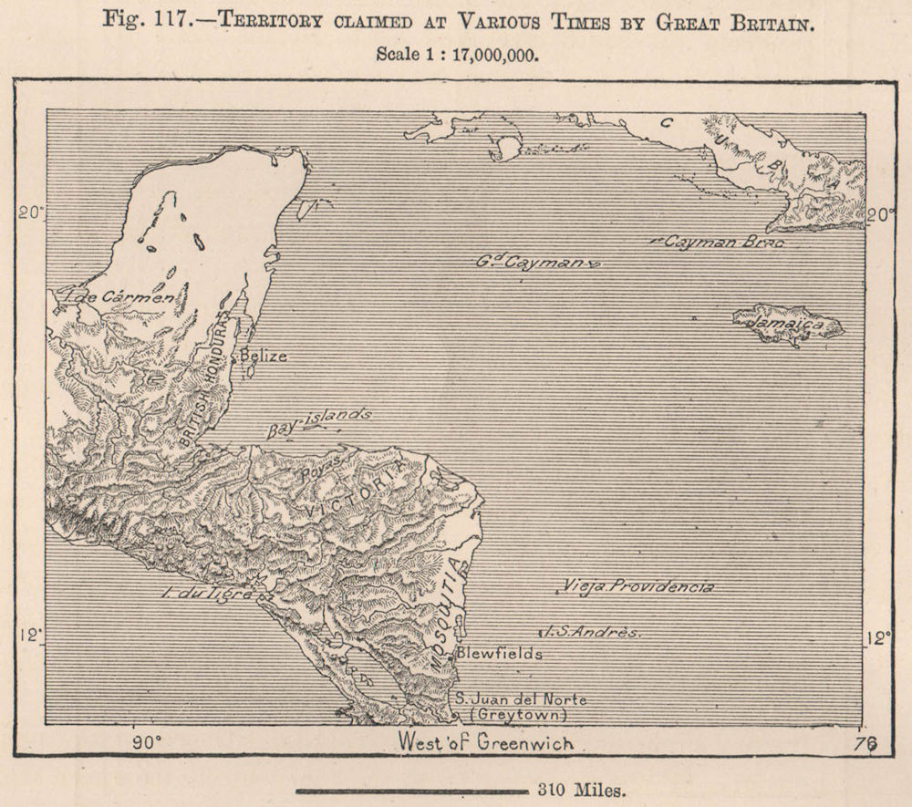 Associate Product Territory claimed at various times by Great Britain. Central America 1885 map
