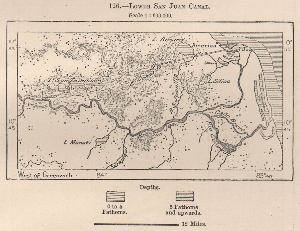 Lower San Juan Canal.Nicaragua Costa Rica.Greytown.San Juan del Norte 1885 map