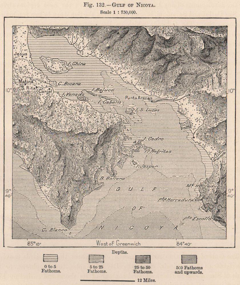 Gulf of Nicoya. Golfo de Nicoya. Costa Rica. Central America 1885 old map