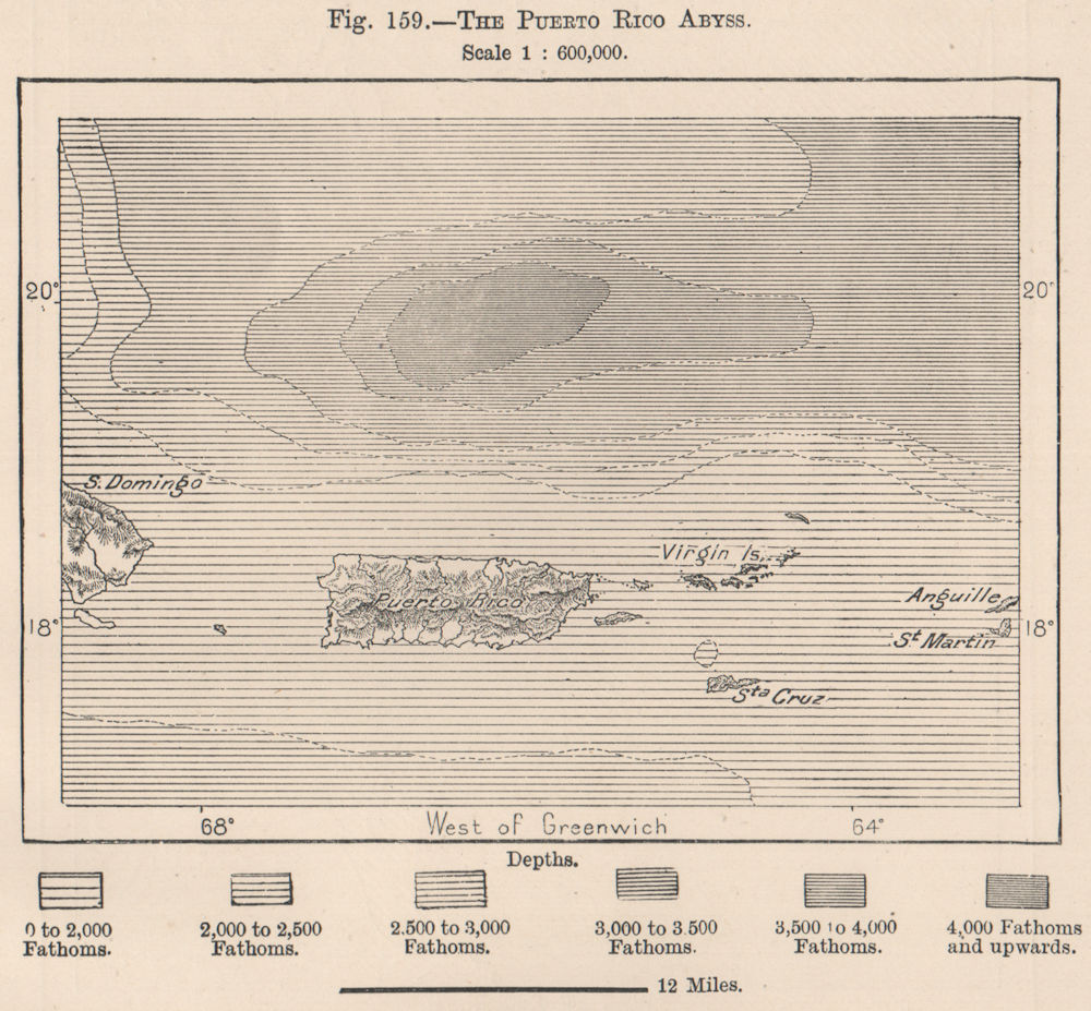 The Puerto Rico Abyss. The American Mediterranean 1885 old antique map chart