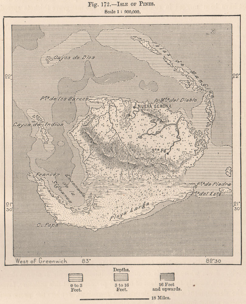 Isle of Pines. Isla de la Juventud. Cuba 1885 old antique map plan chart