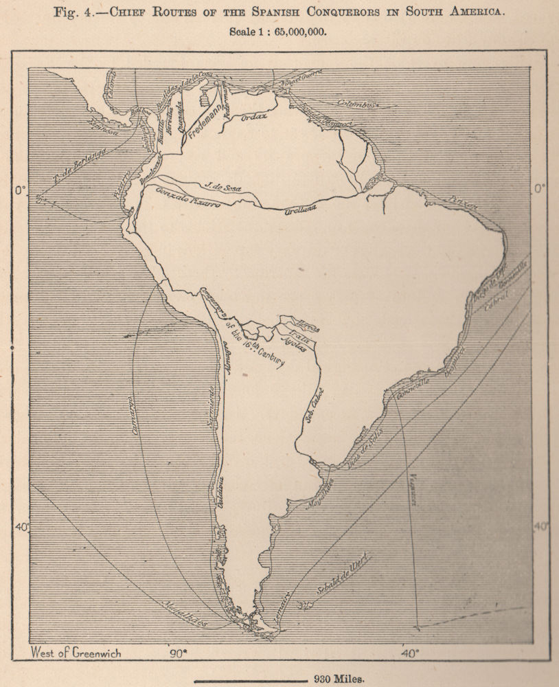 Associate Product Chief routes of the Spanish conquerors in South America 1885 old antique map