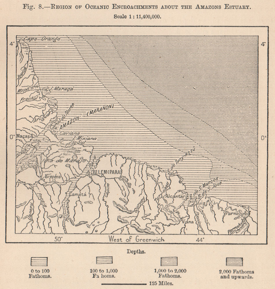 Associate Product Region of Oceanic Encroachments about the Amazon Estuary. Brazil 1885 old map