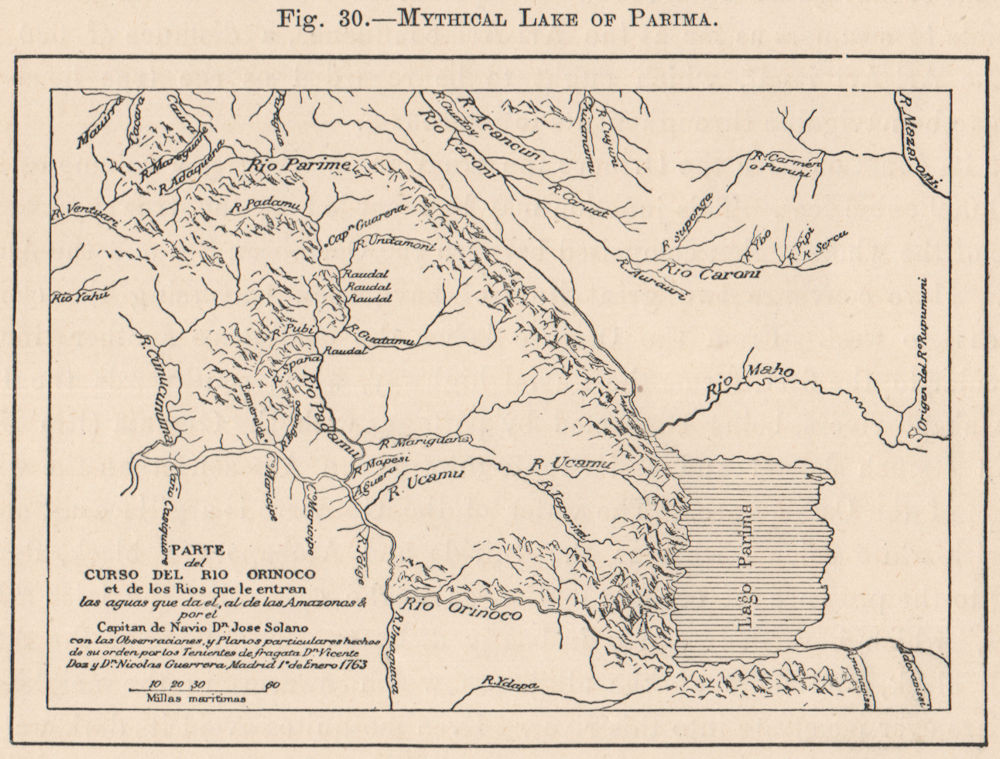 Mythical Lake of Parima/Parime. El Dorado. Venezuela 1885 old antique map