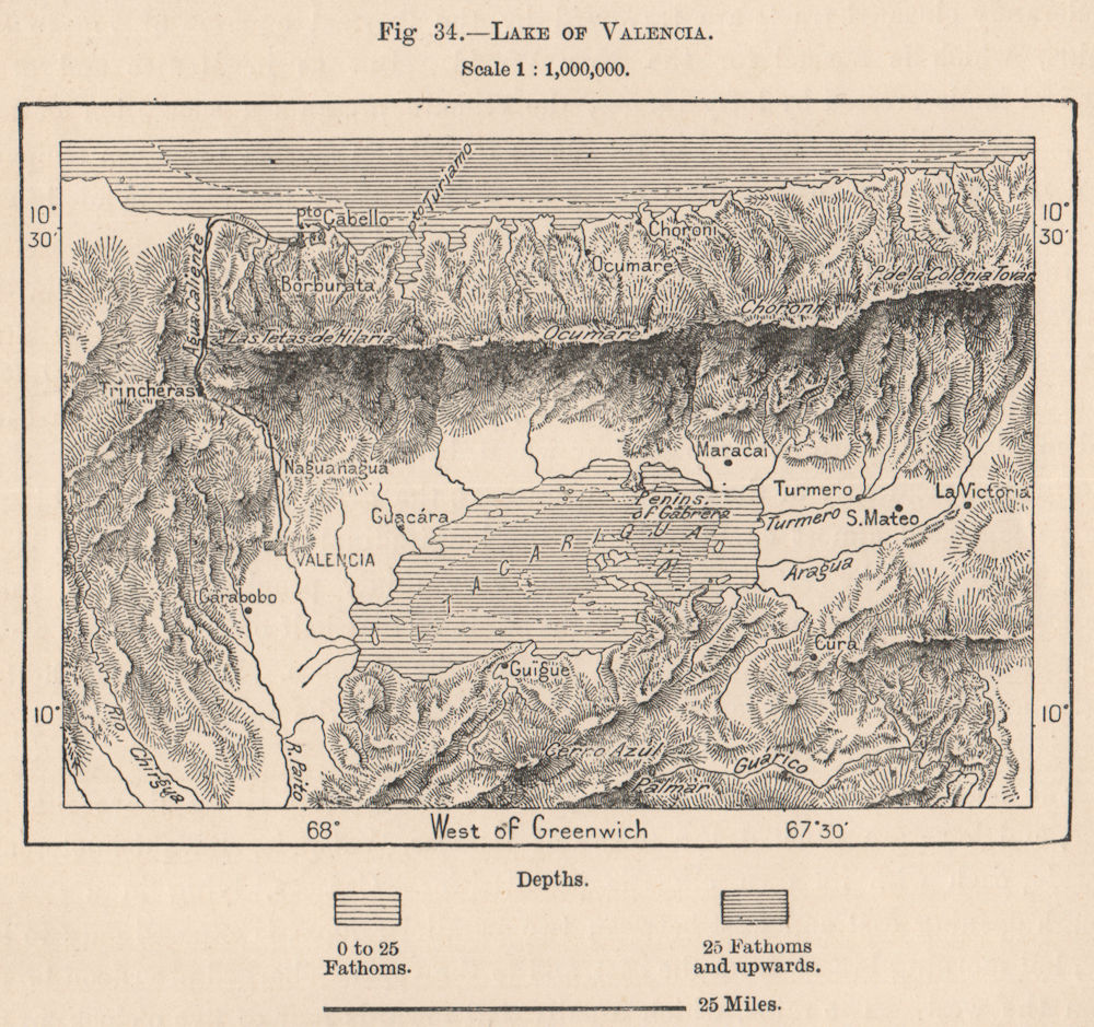 Associate Product Lake/Lago de Valencia. Carabobo/Aragua, Venezuela 1885 old antique map chart