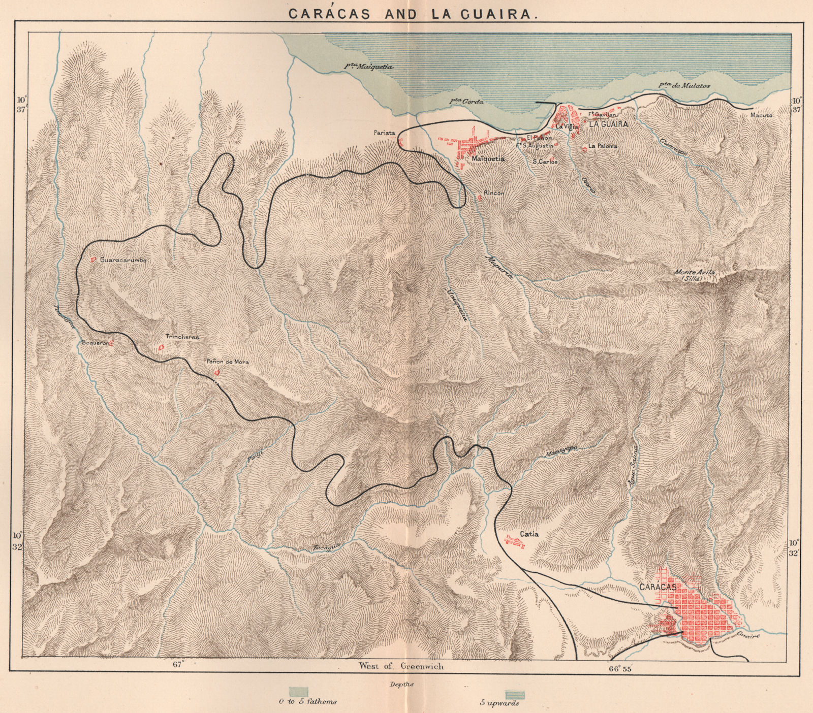Venezuela 1885 old antique vintage map plan chart Carácas and la Guaira 