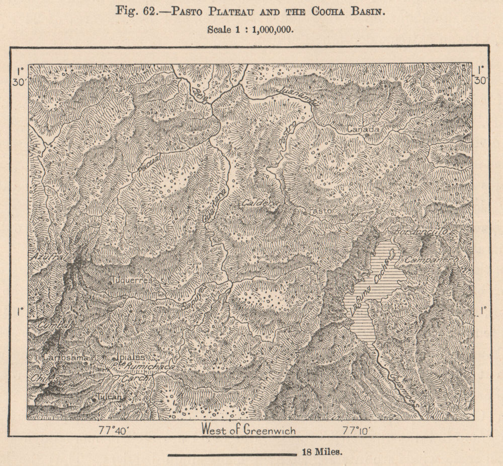 Associate Product Pasto Plateau & Laguna La Cocha. Galeras volcano. Colombia 1885 old map