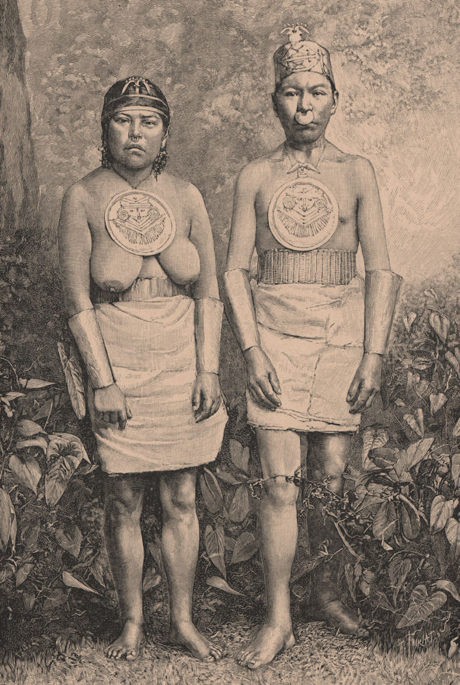 Muysca/Muisca Indians, adorned with antique jewellery. Colombia 1885 old print