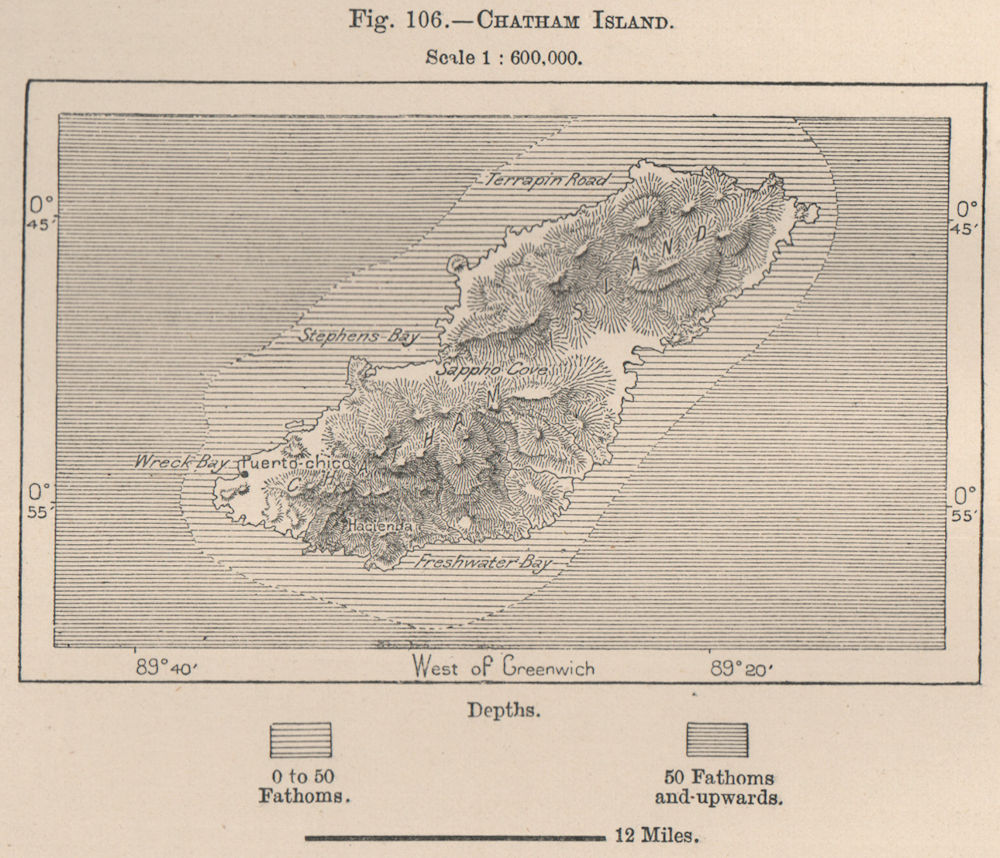 Chatham (San Cristóbal) Island. Ecuador. The Galapagos Islands 1885 old map