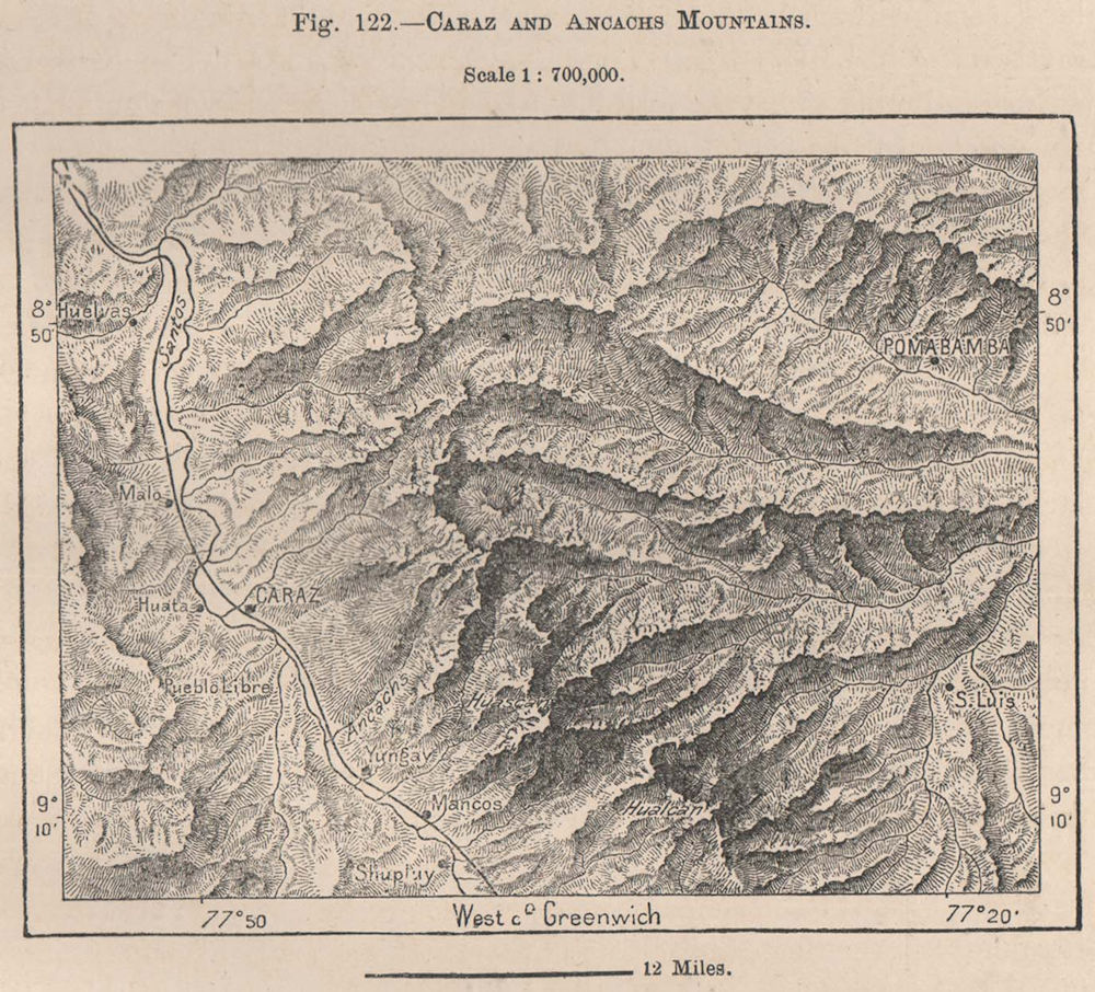 Associate Product Caraz & Ancash Mountains. Parque Huascarán. Peru. Pomabamba 1885 old map