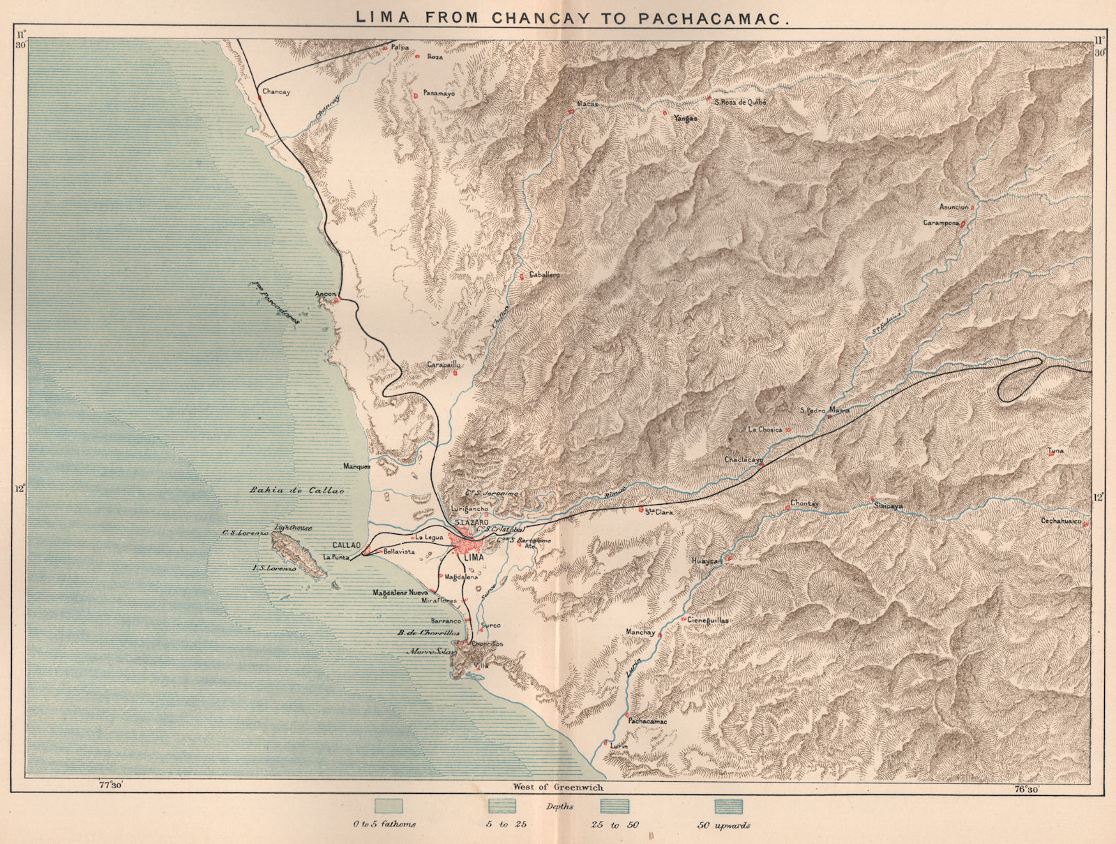 Associate Product Lima, Callao & environs. Chancy to Pachacamac. Peru 1885 old antique map chart