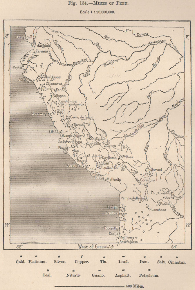 Mines of Peru 1885 old antique vintage map plan chart