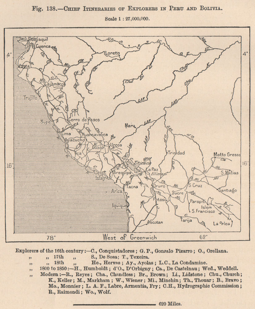 Associate Product Chief Itineraries of explorers in Peru and Bolivia. Andean States 1885 old map