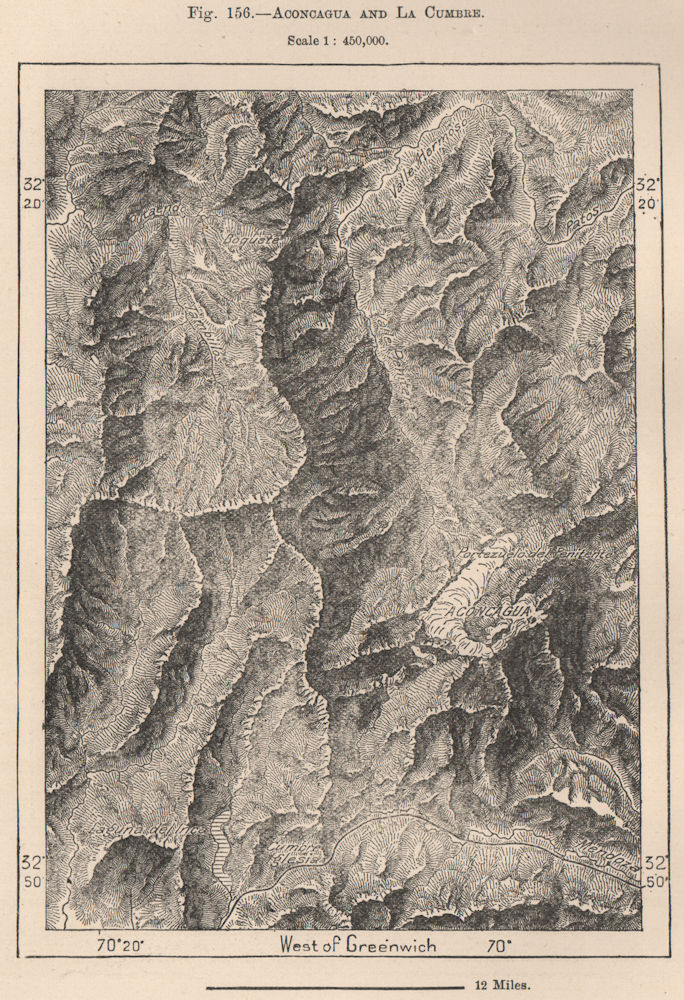 Aconcagua and La Cumbre pass (Paso de Uspallata) . Argentina/Chile 1885 map