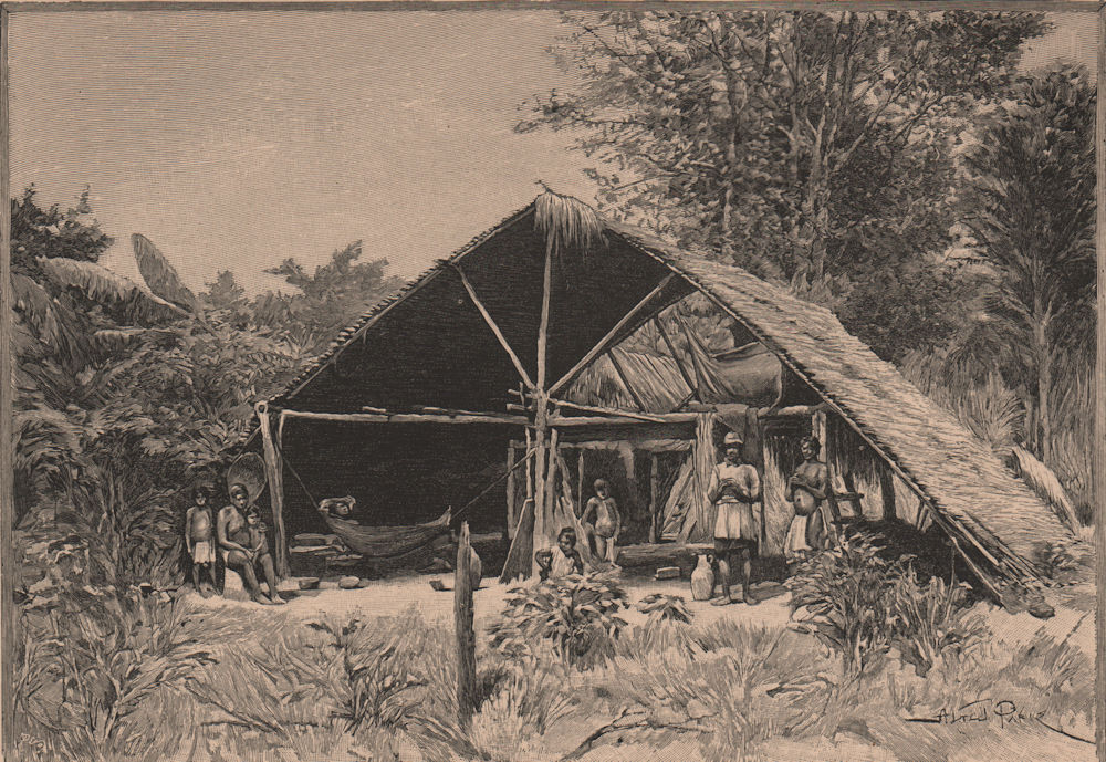 Galibi habitations, Maroni/Marowijne river. French Guiana/Suriname 1885 print