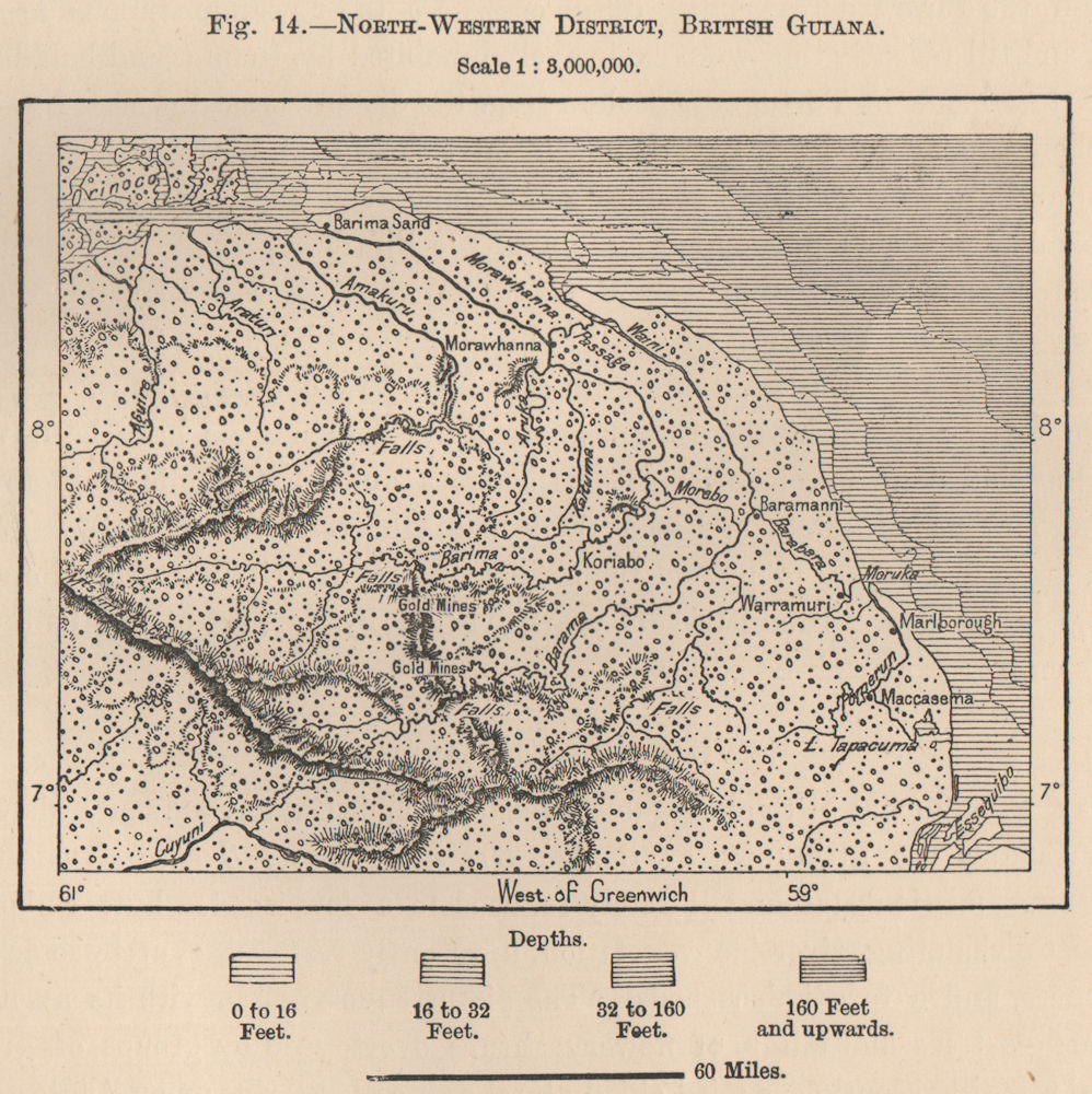 North-Western District, British Guiana (Guyana) . Guyana. Gold mines 1885 map