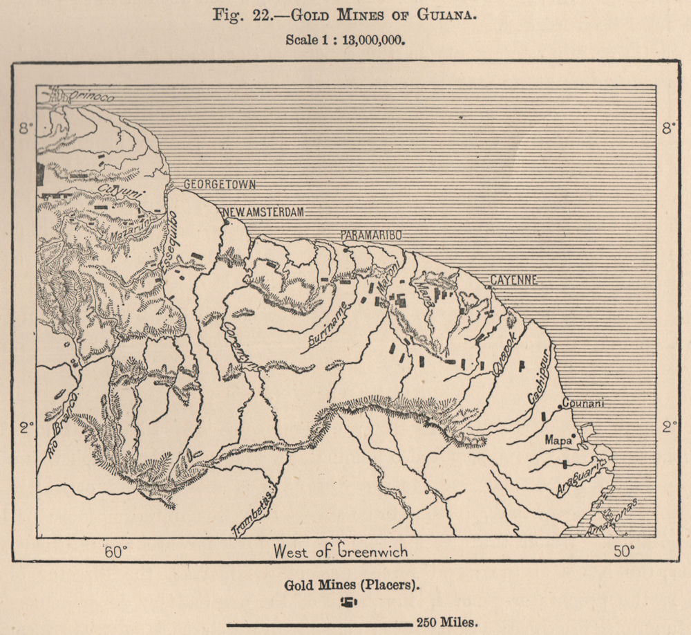 Gold Mines of Guyana. French Dutch British Guiana (Guyana)  1885 map
