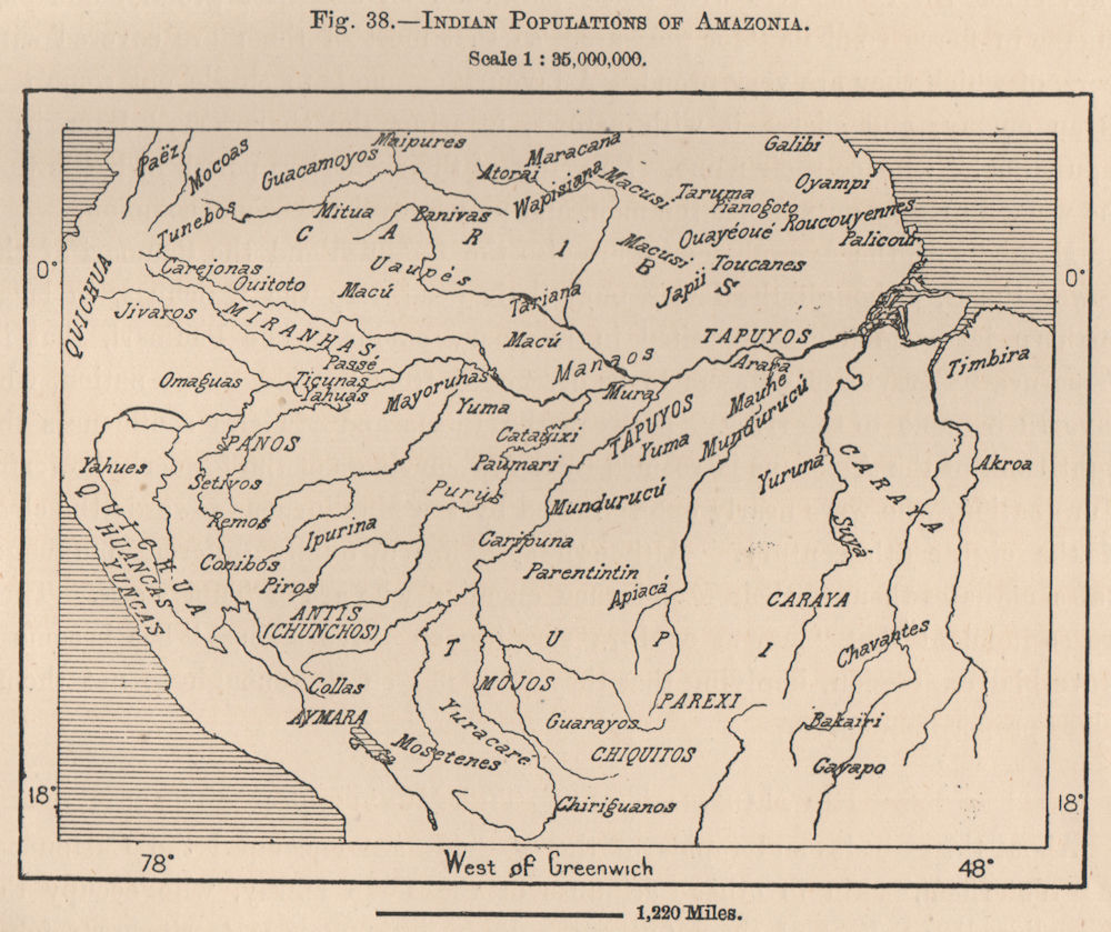 Indian Populations of Amazonia. Amazonas. South America 1885 old antique map