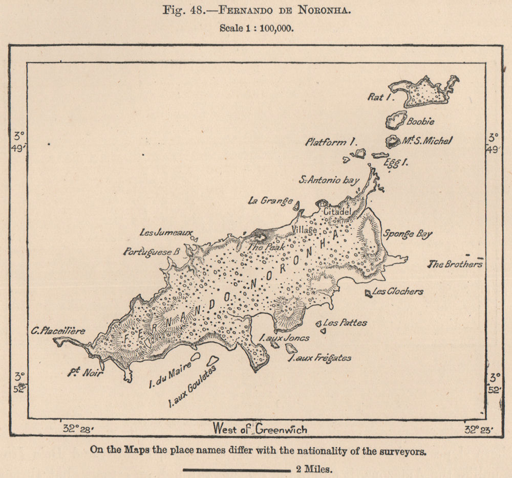 Fernando de Noronha. Brazil 1885 old antique vintage map plan chart