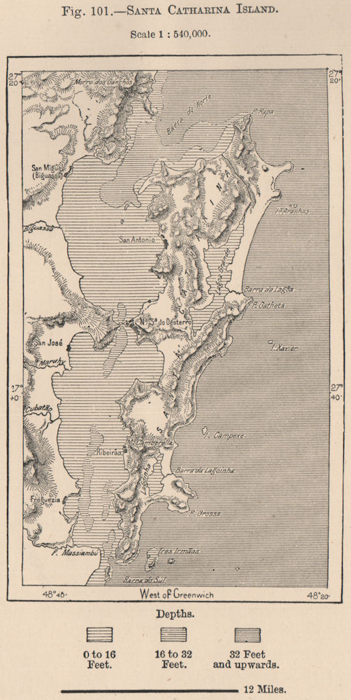 Ilha de Santa Catarina Island. Brazil 1885 old antique vintage map plan chart