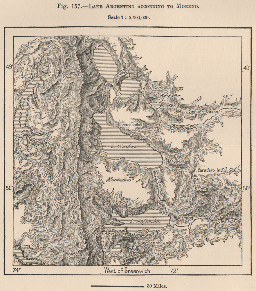 Lake Argentino according to Moreno. Argentina 1885 old antique map plan chart