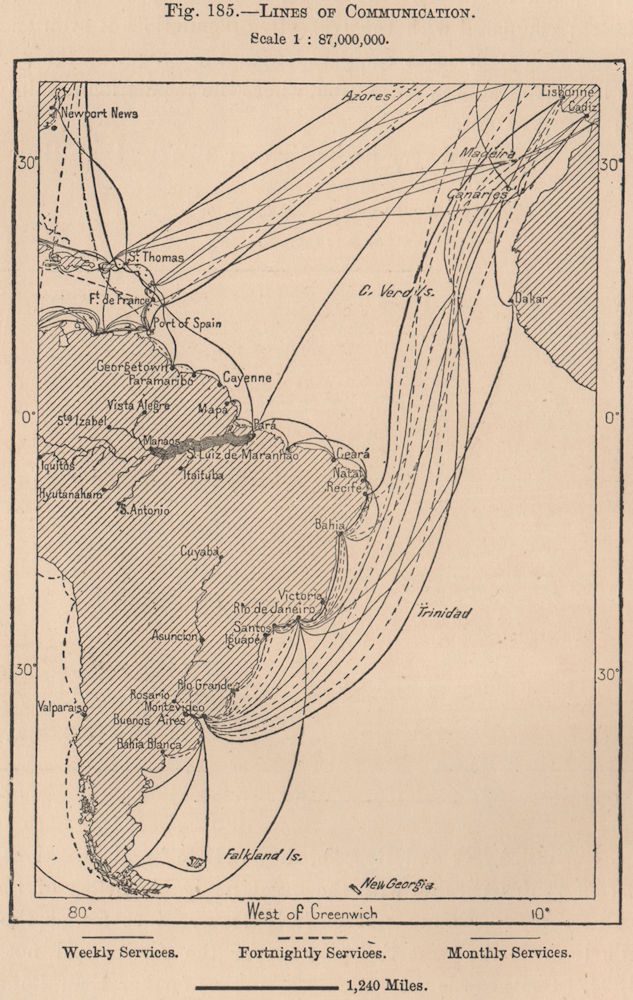 Associate Product Steamship routes. Lines of Communication. Argentina 1885 old antique map chart