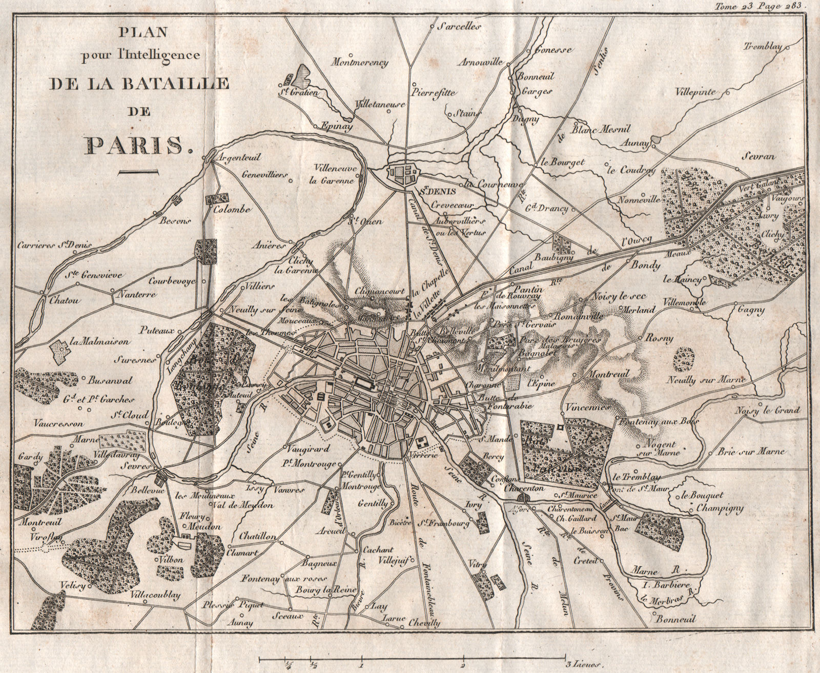 Plan for the Battle of Paris 1814. Ile de France 1819 old antique map chart
