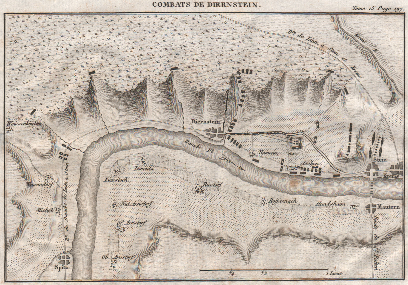 Battle of Dürenstein 1805. War of the Third Coalition. Austria 1819 old map