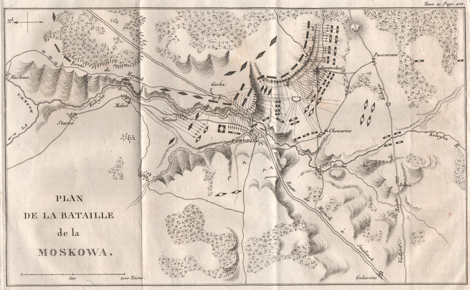 Battle of Borodino (Moskova) 1812. French Invasion of Russia 1820 old map