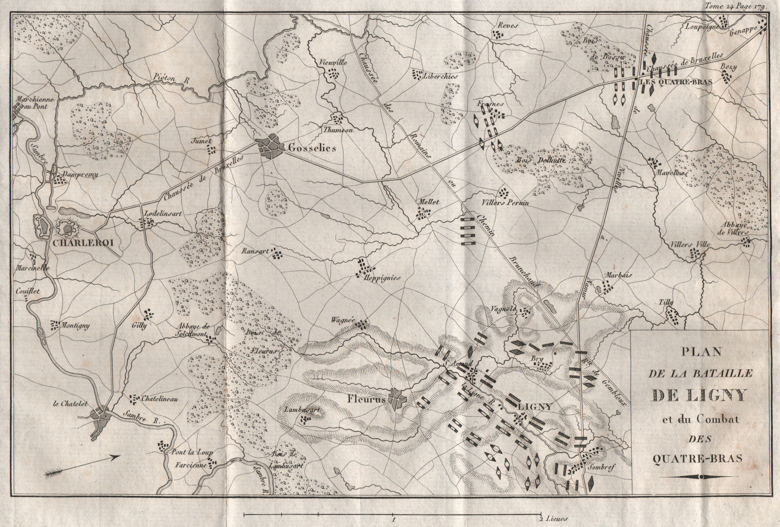 WATERLOO CAMPAIGN 1815. Battles of Ligny & Quatre Bras. Charleroi 1821 old map