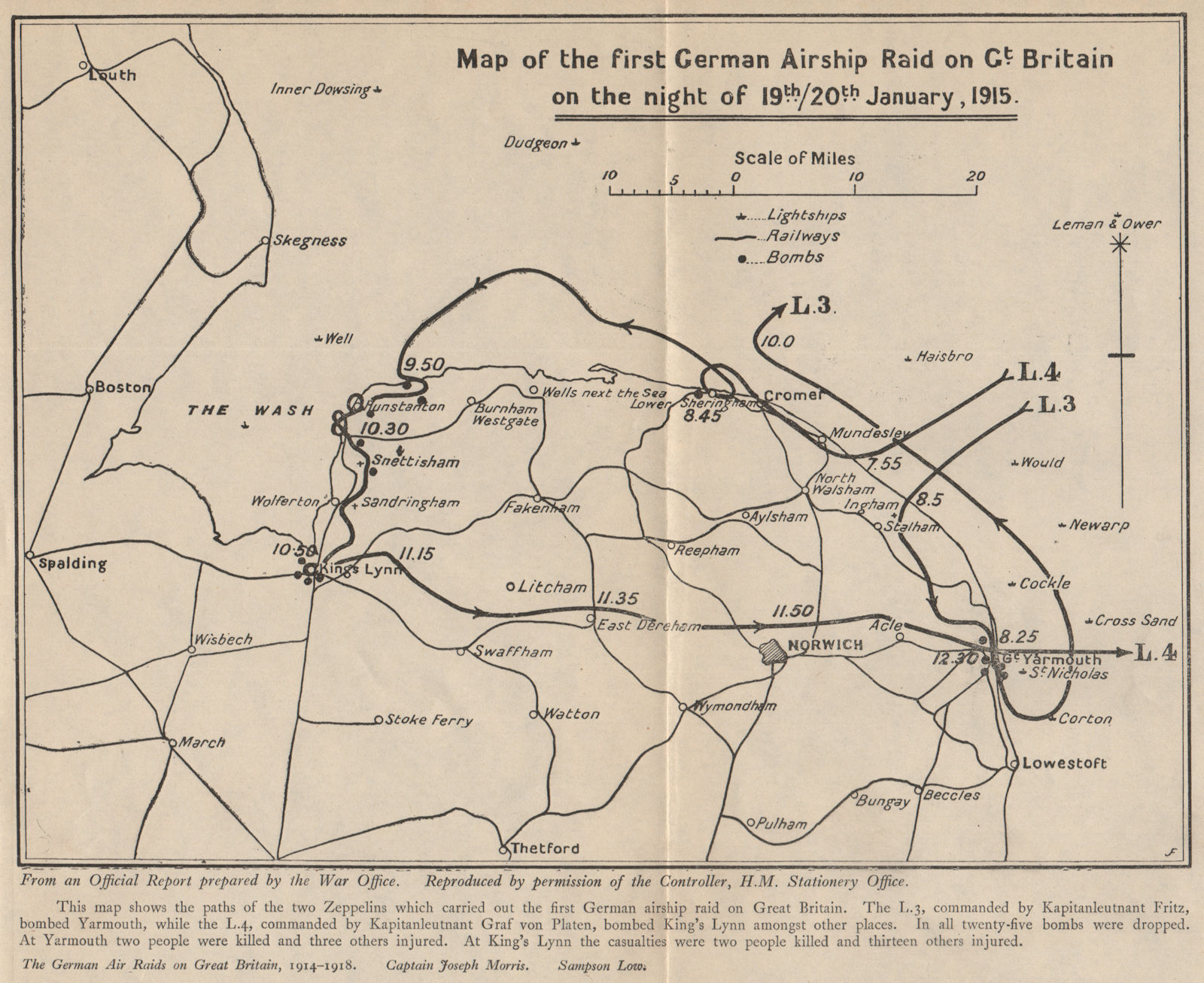 1st German Zeppelin Airship L3 L4 raid on England 19 Jan 1915. Norfolk ...