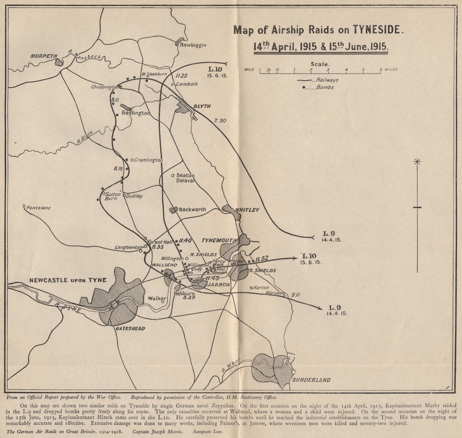 TYNESIDE ZEPPELIN L9 L10 AIRSHIP RAIDS April/June 1915. South Shields 1925 map