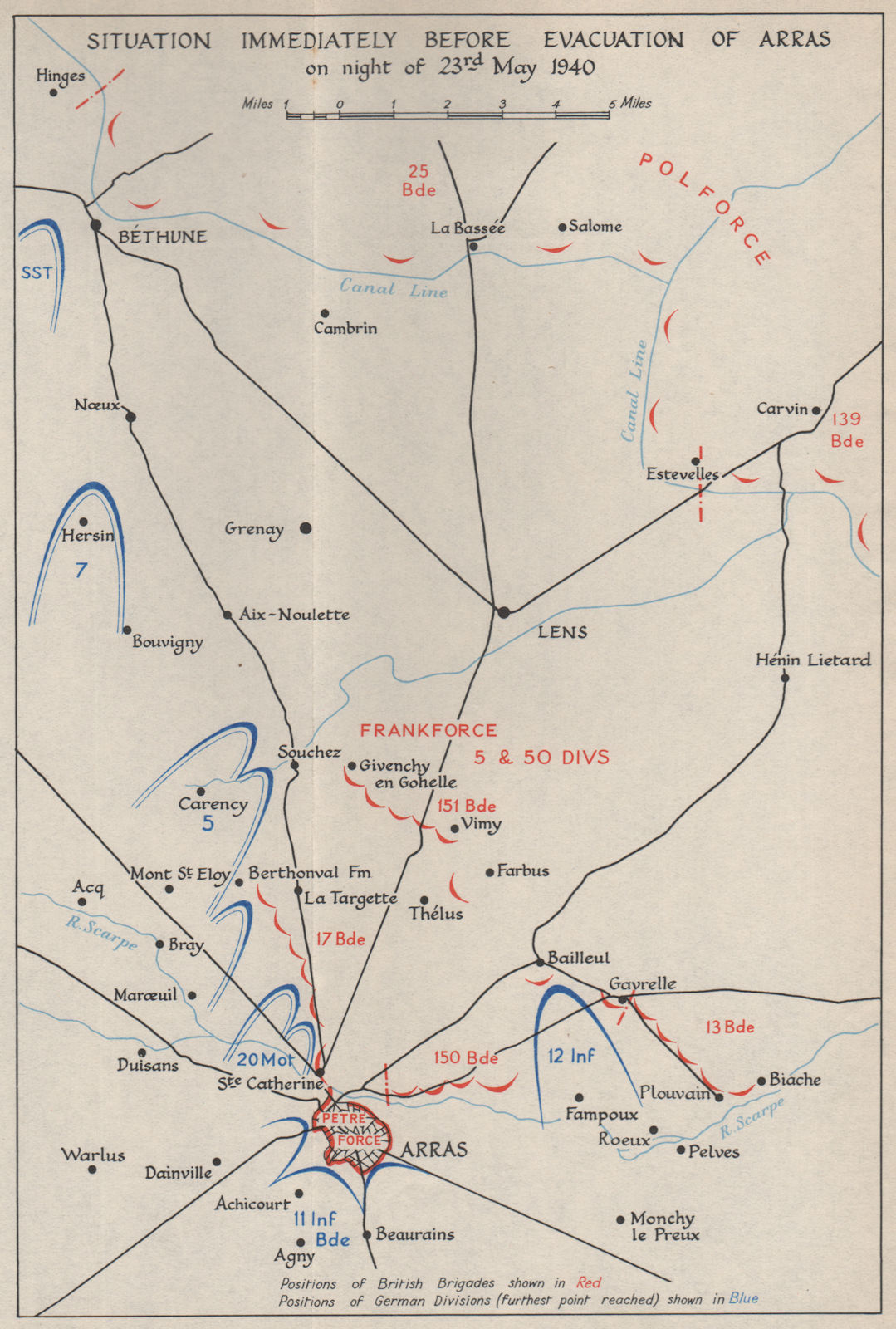 FALL OF FRANCE 1940. Arras evacuation 23rd May. Troop positions. HMSO 1953 map