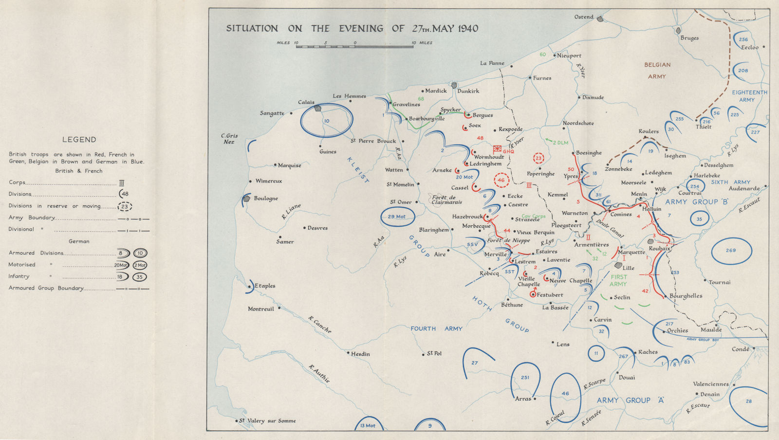 Associate Product DUNKIRK EVACUATION. 27 May 1940 troop positions. Operation Dynamo. HMSO 1953 map