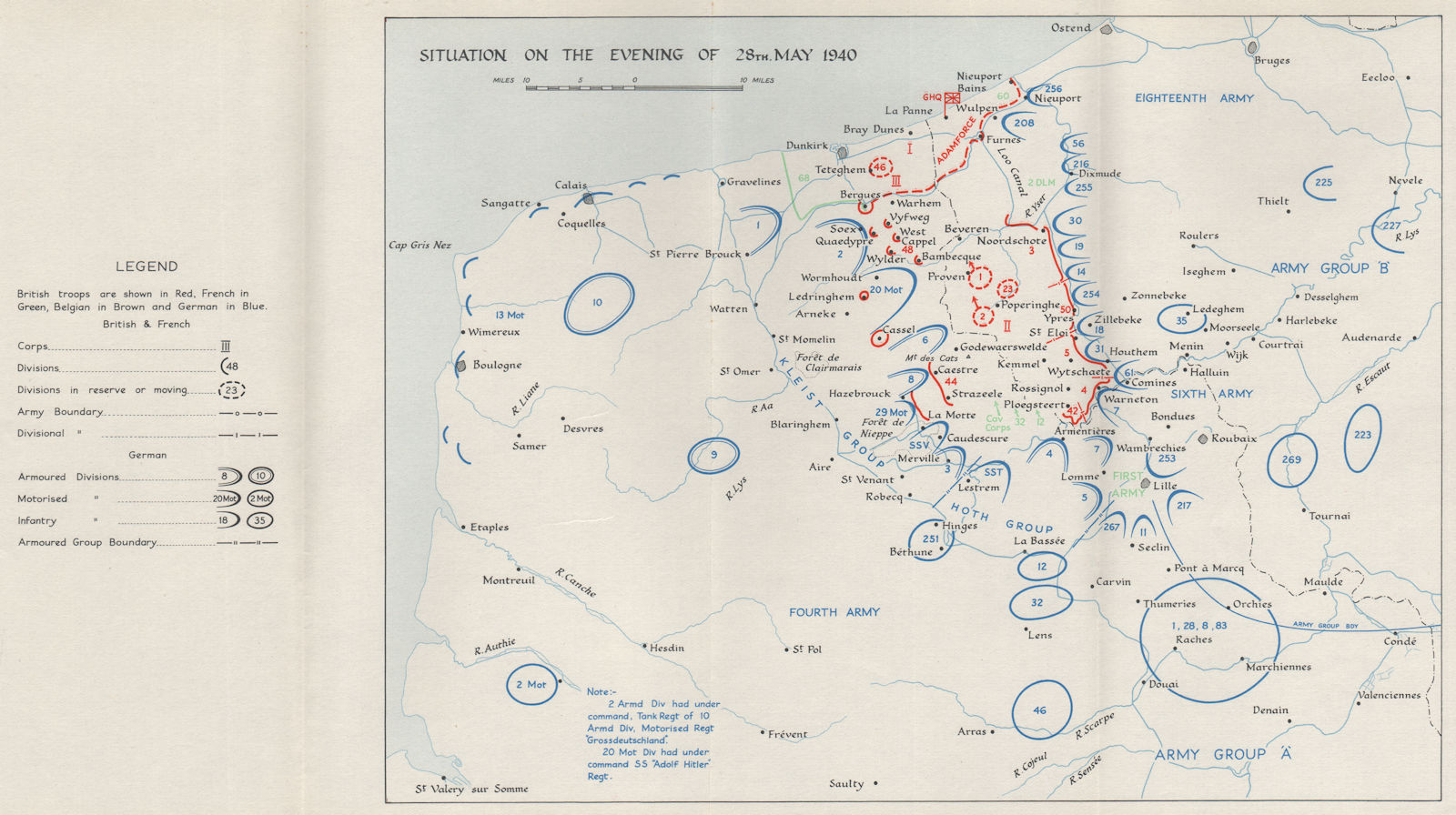 DUNKIRK EVACUATION. 28 May 1940 troop positions. Operation Dynamo. HMSO 1953 map