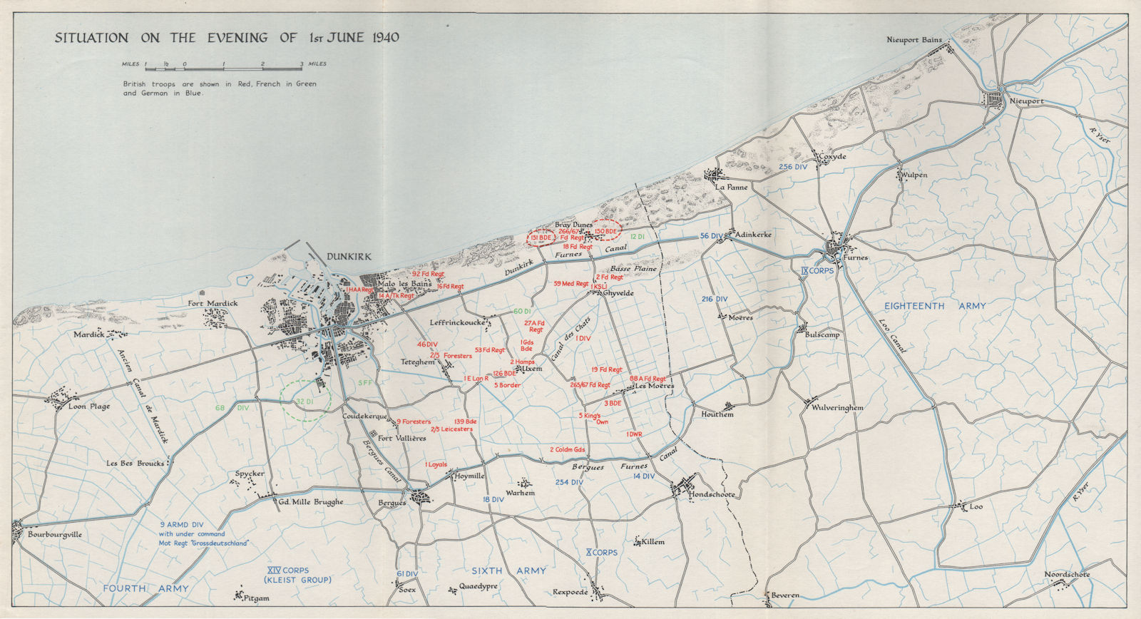 Associate Product DUNKIRK EVACUATION. 1 June 1940 troop positions. Operation Dynamo. HMSO 1953 map