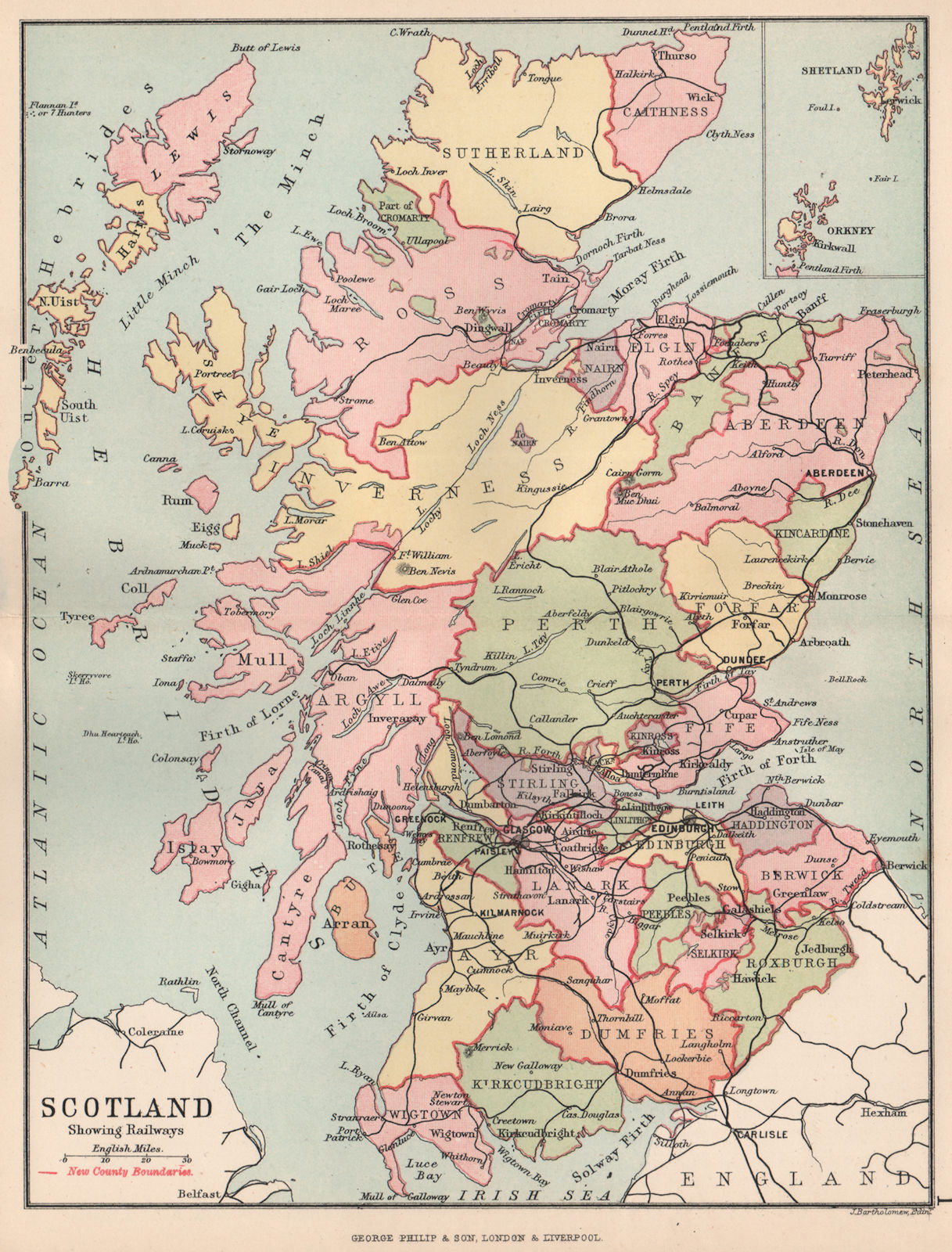 Associate Product 'Scotland showing Railways' & counties. BARTHOLOMEW 1891 old antique map chart