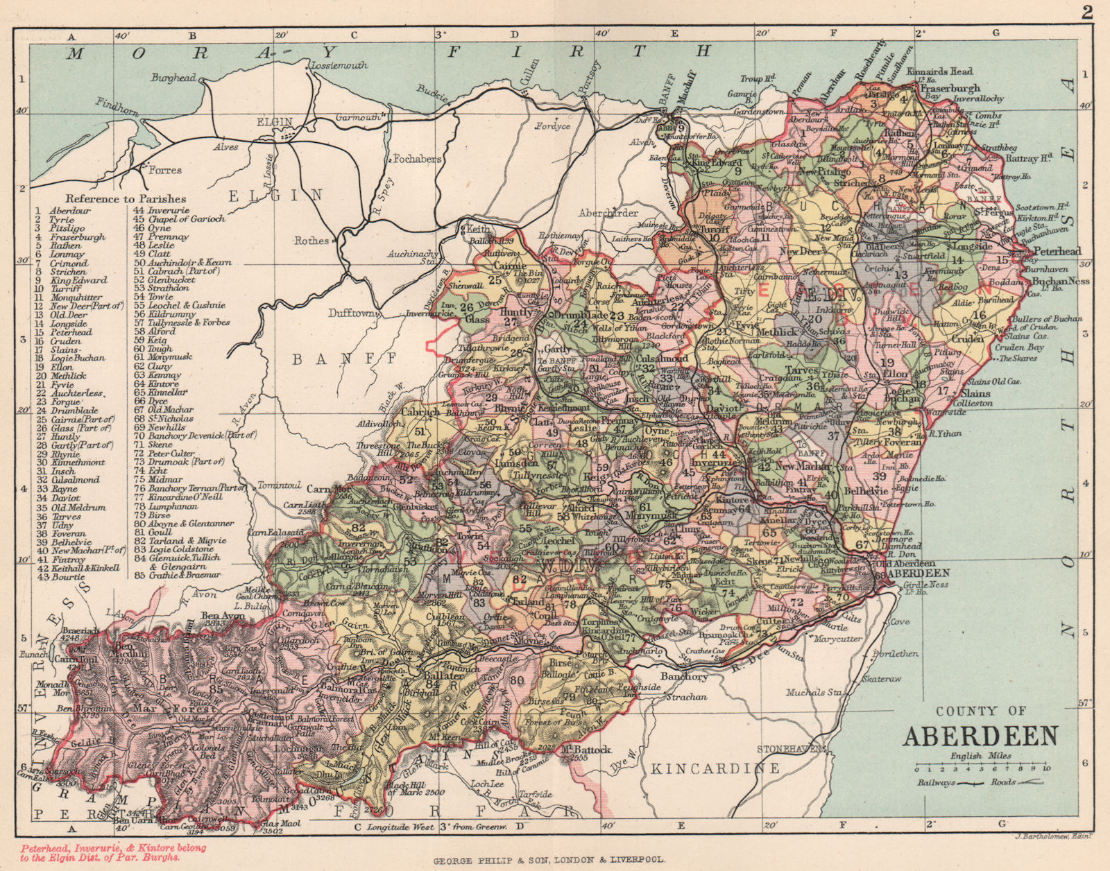 'County of Aberdeen'. Aberdeenshire. Parishes. BARTHOLOMEW 1891 old map
