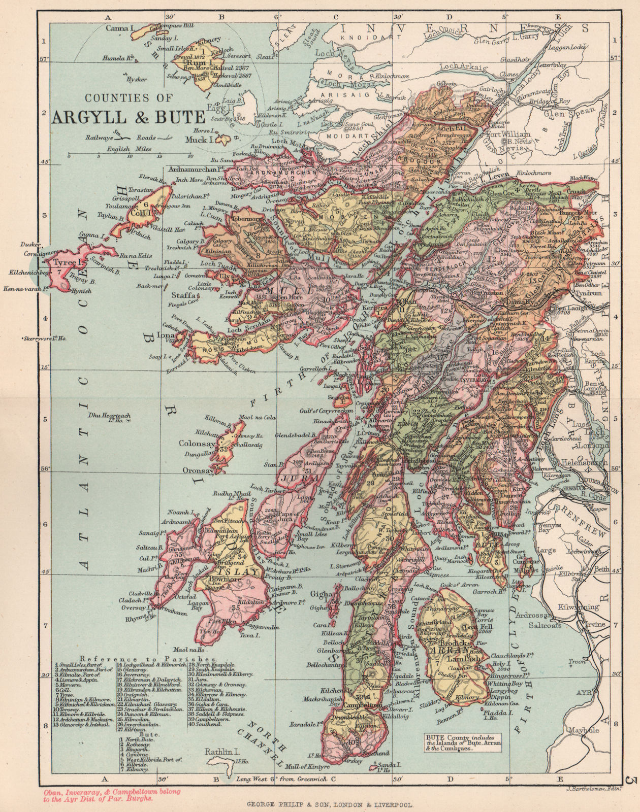 'Counties of Argyll & Bute'. Argyllshire & Buteshire. BARTHOLOMEW 1891 old map