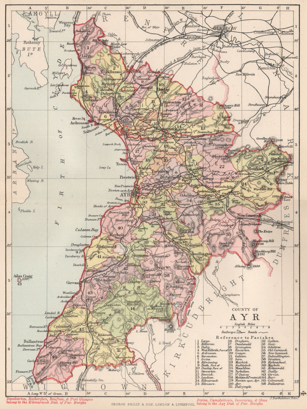 'County of Ayr'. Ayrshire. Parishes. BARTHOLOMEW 1891 old antique map chart