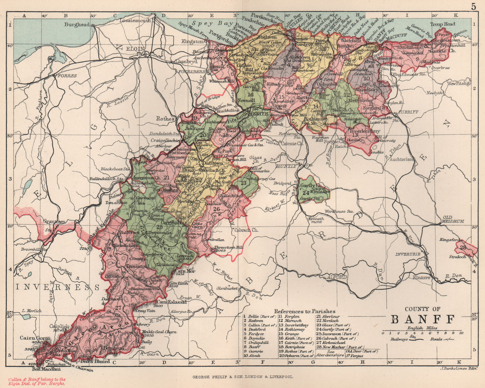 'County of Banff'. Banffshire. Parishes. BARTHOLOMEW 1891 old antique map