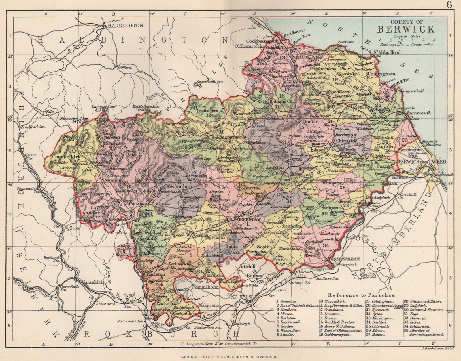 'County of Berwick'. Berwickshire. Parishes. BARTHOLOMEW 1891 old antique map