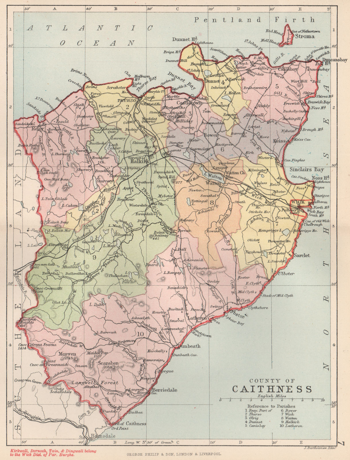 'County of Caithness'. Caithness-shire. Parishes. BARTHOLOMEW 1891 old map