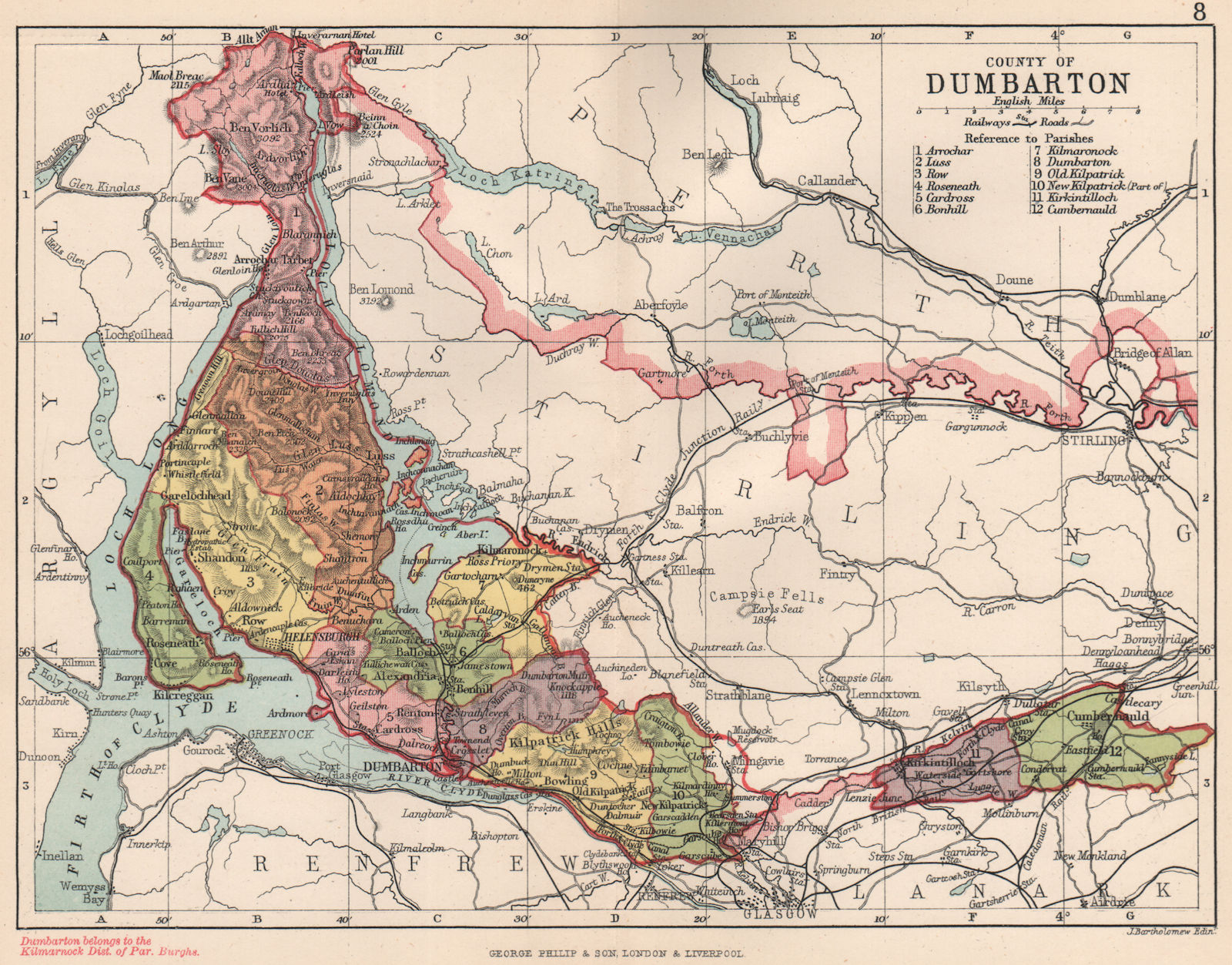 'County of Dumbarton'. Dumbartonshire. Parishes. BARTHOLOMEW 1891 old map