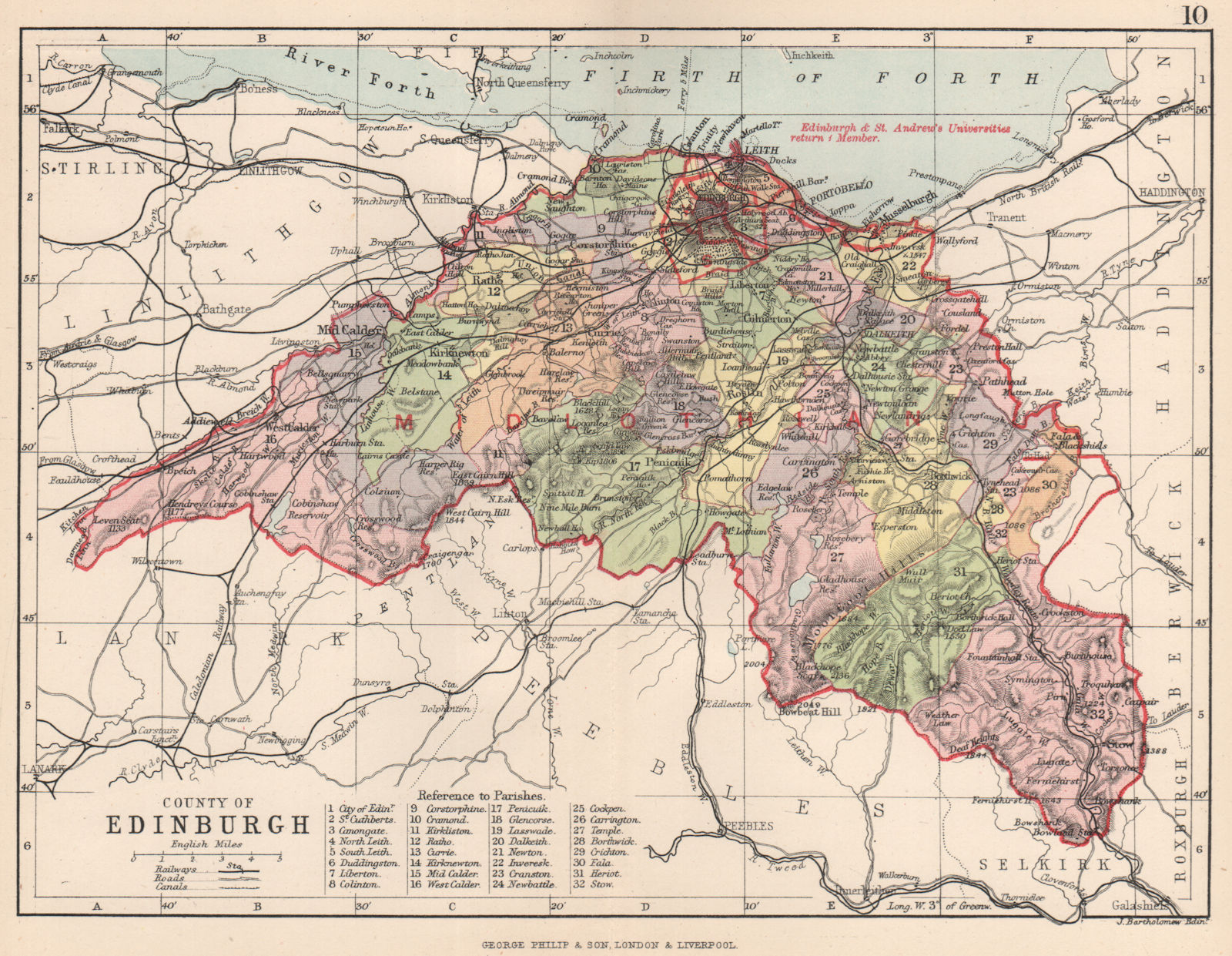 'County of Edinburgh'. Edinburghshire. Parishes. BARTHOLOMEW 1891 old map